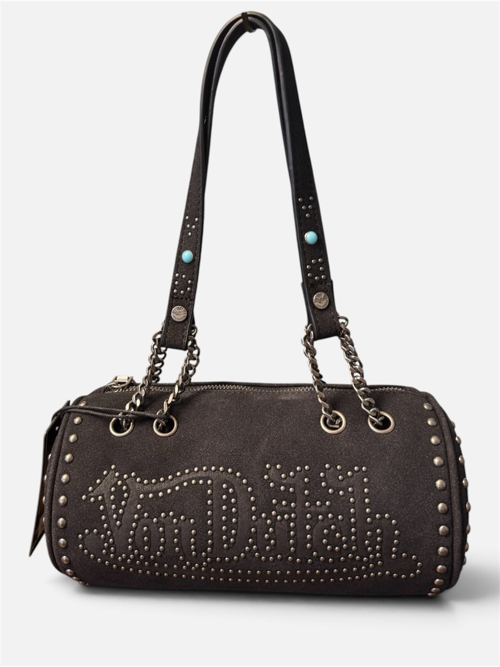 Von Dutch Black Studded Barrel Shoulder Bag with Chain Straps